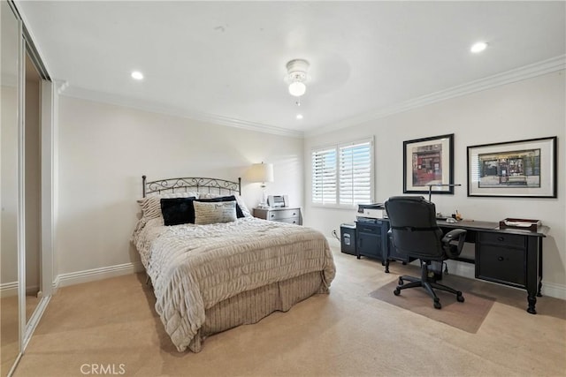 14 Bridgewood Unit 22, Irvine, CA 92604 - bedroom with ornamental molding, light carpet, an office area, and recessed lighting
