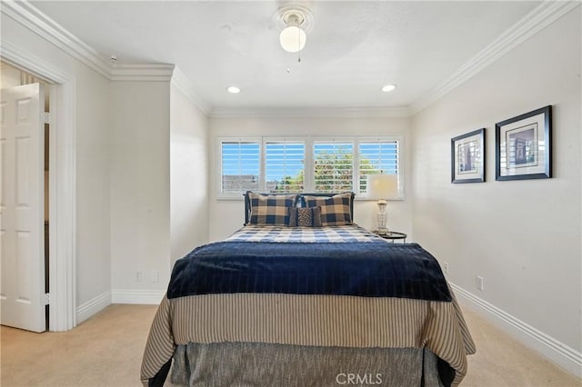 14 Bridgewood Unit 22, Irvine, CA 92604 - bedroom with carpet flooring, crown molding, recessed lighting, and ceiling fan