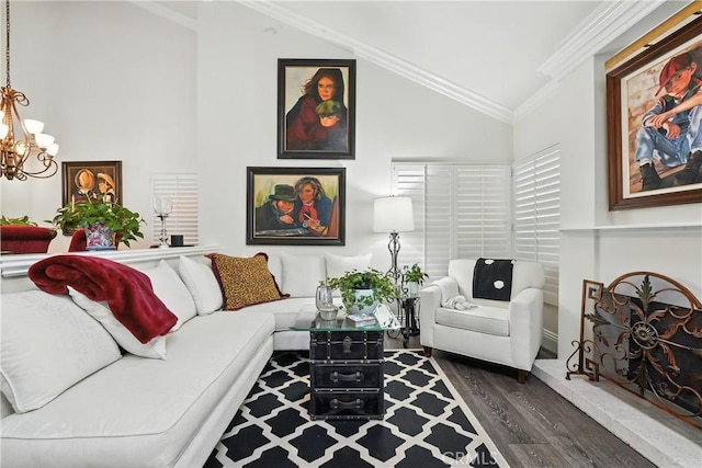 14 Bridgewood Unit 22, Irvine, CA 92604 - living area with dark wood-type flooring, vaulted ceiling, a chandelier, and crown molding