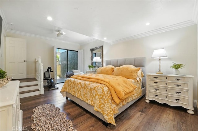14 Bridgewood Unit 22, Irvine, CA 92604 - bedroom featuring dark wood-style floors, ornamental molding, and recessed lighting