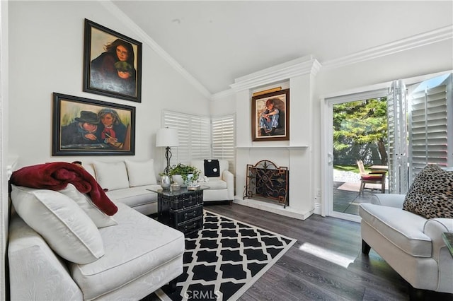 14 Bridgewood Unit 22, Irvine, CA 92604 - living room with vaulted ceiling, ornamental molding, and wood finished floors