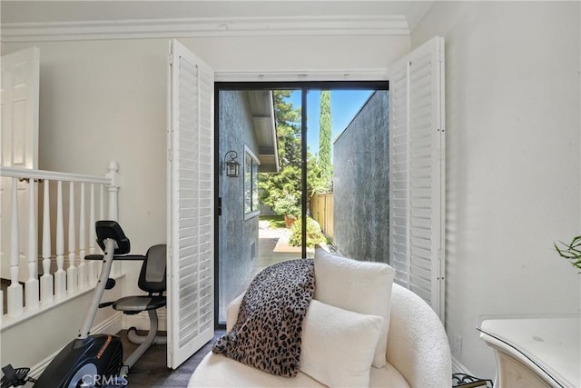 14 Bridgewood Unit 22, Irvine, CA 92604 - sitting room featuring ornamental molding and wood finished floors
