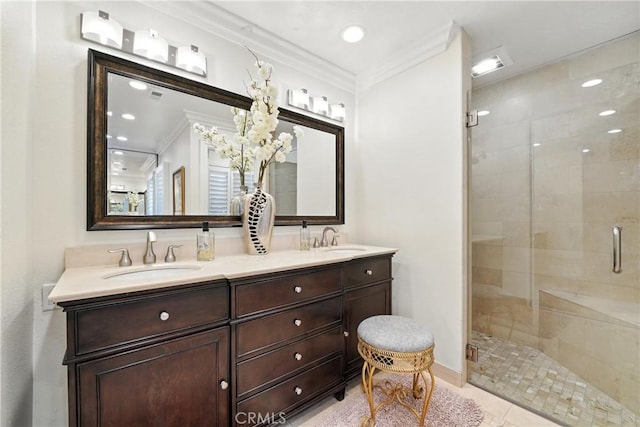 14 Bridgewood Unit 22, Irvine, CA 92604 - full bath featuring ornamental molding, double vanity, a shower stall, and a chandelier