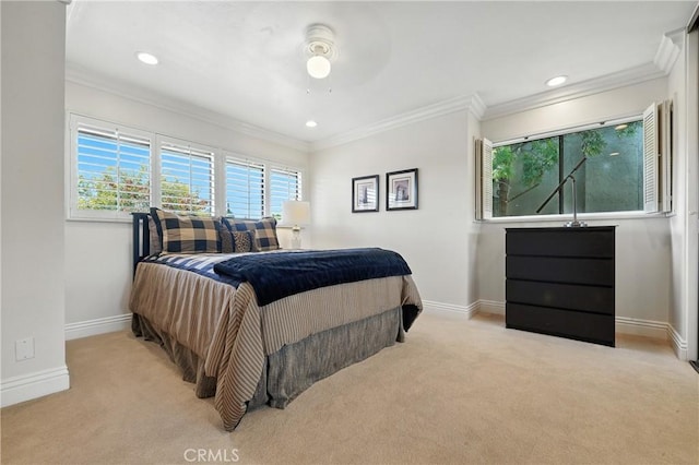 14 Bridgewood Unit 22, Irvine, CA 92604 - bedroom with carpet flooring, crown molding, recessed lighting, and a ceiling fan