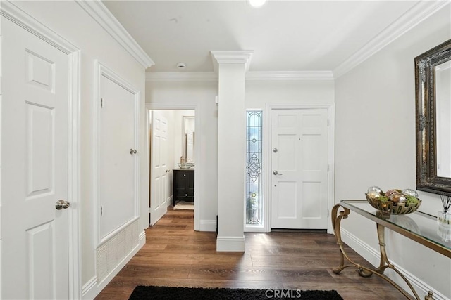14 Bridgewood Unit 22, Irvine, CA 92604 - entryway with ornamental molding, dark wood-style floors, and ornate columns