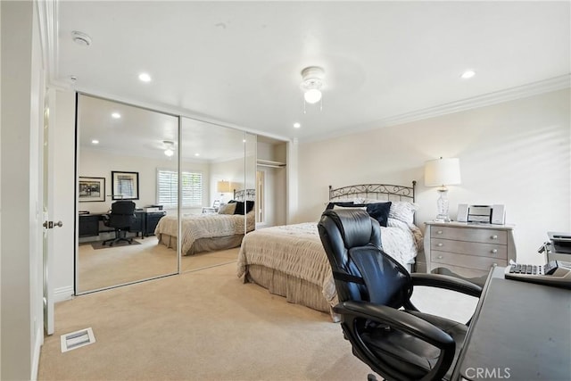 14 Bridgewood Unit 22, Irvine, CA 92604 - bedroom with ornamental molding, light colored carpet, an office area, recessed lighting, and a closet