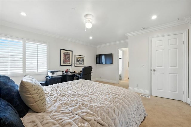 14 Bridgewood Unit 22, Irvine, CA 92604 - bedroom with light colored carpet, an office area, crown molding, and recessed lighting