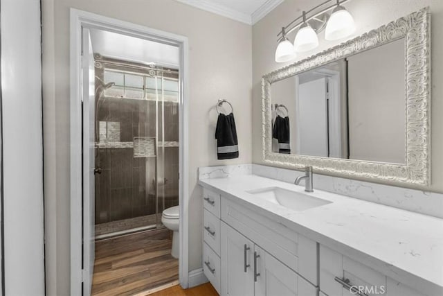 817 Granite Privado, Ontario, CA 91762 - full bath featuring vanity, crown molding, wood finished floors, and a stall shower