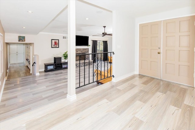 24093 Sargeant Rd, Ramona, CA 92065 - foyer featuring light wood finished floors, ceiling fan, and recessed lighting