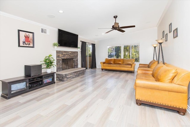24093 Sargeant Rd, Ramona, CA 92065 - living room featuring crown molding, ceiling fan, wood finished floors, a fireplace, and lofted ceiling