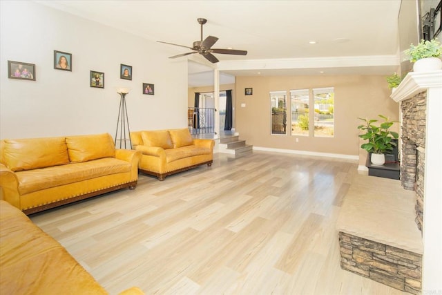 24093 Sargeant Rd, Ramona, CA 92065 - living area featuring light wood finished floors, ceiling fan, recessed lighting, and a stone fireplace