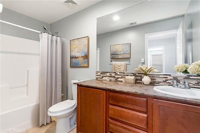 43024 Beamer Ct, Temecula, CA 92592 - bathroom with vanity, decorative backsplash, tile patterned floors, and shower / bath combination with curtain