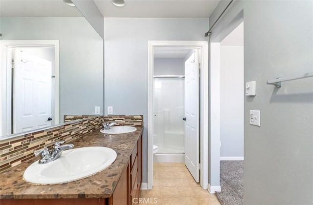43024 Beamer Ct, Temecula, CA 92592 - full bath with double vanity, backsplash, a shower, and tile patterned flooring