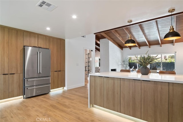 4701 Deseret Dr, Woodland Hills, CA 91364 - kitchen featuring high end refrigerator, modern cabinets, light wood-style flooring, light countertops, and wooden ceiling