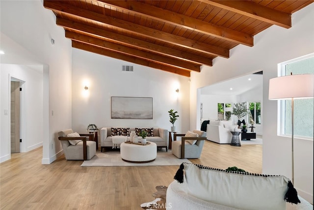 4701 Deseret Dr, Woodland Hills, CA 91364 - living area featuring a wood ceiling with exposed beams, light wood-style flooring, and high vaulted ceiling