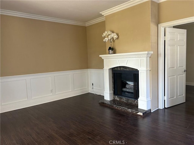 10824 Sabre Hill Dr Unit 194, San Diego, CA 92128 - unfurnished living room featuring ornamental molding, a premium fireplace, and dark wood-type flooring