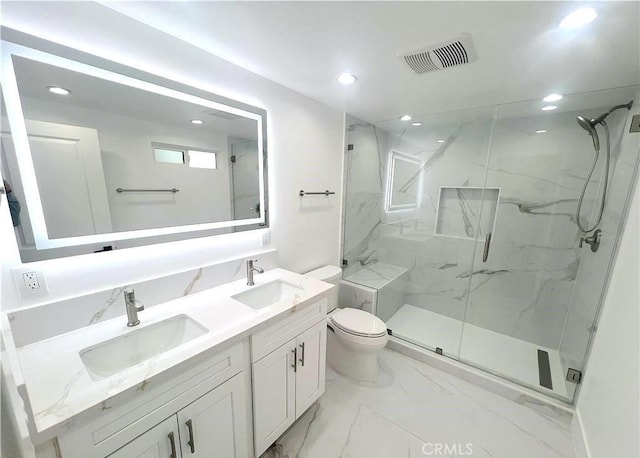 21541 Yucatan Ave, Woodland Hills, CA 91364 - bathroom featuring recessed lighting, a marble finish shower, double vanity, and marble finish flooring