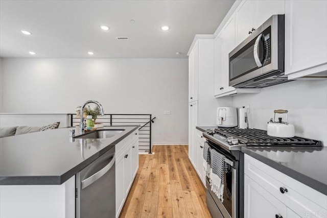 2013 Bravo Loop Unit 2, Chula Vista, CA 91915 - kitchen with appliances with stainless steel finishes, dark countertops, recessed lighting, white cabinetry, and light wood-type flooring