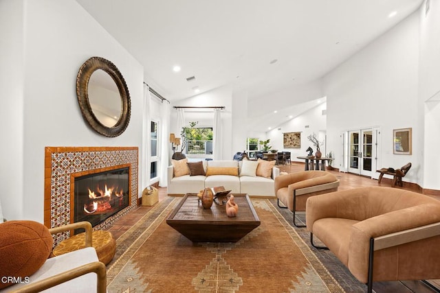 1533 Rancho Ave, Glendale, CA 91201 - living room with a fireplace, recessed lighting, high vaulted ceiling, and french doors