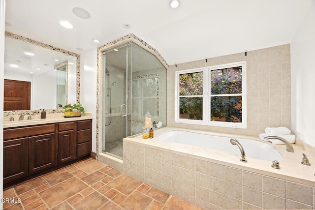 1533 Rancho Ave, Glendale, CA 91201 - bathroom with vanity, a bath, a stall shower, recessed lighting, and stone finish flooring