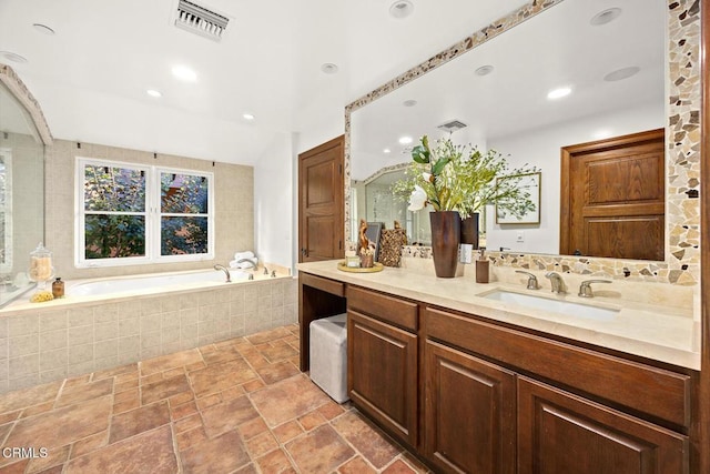 1533 Rancho Ave, Glendale, CA 91201 - bathroom featuring vanity, a garden tub, stone finish floors, and recessed lighting