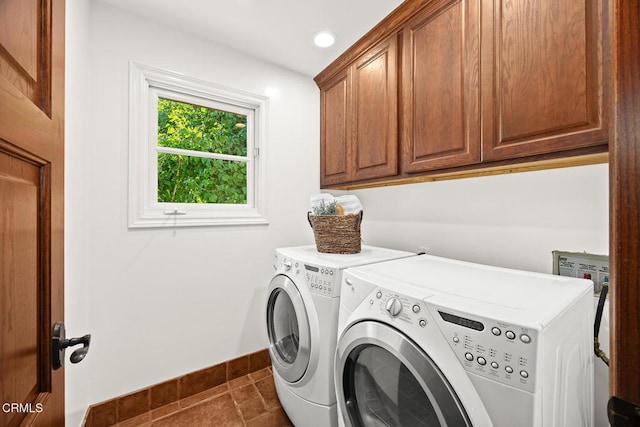 1533 Rancho Ave, Glendale, CA 91201 - laundry room featuring washing machine and dryer, cabinet space, dark tile patterned floors, and recessed lighting