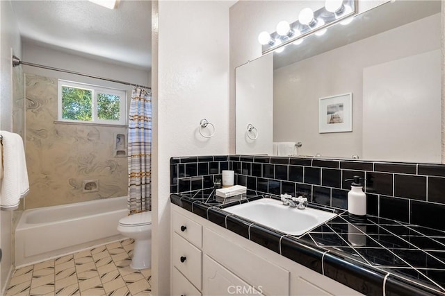 5155 Ardilla Ave, Atascadero, CA 93422 - bathroom with vanity, shower / bath combo with shower curtain, tasteful backsplash, and tile patterned floors