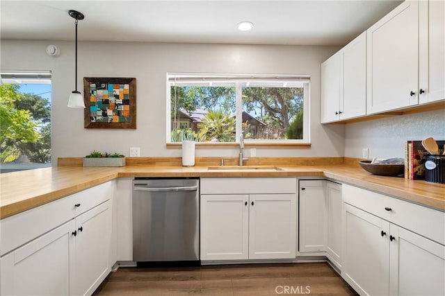 5155 Ardilla Ave, Atascadero, CA 93422 - kitchen featuring dishwasher, butcher block countertops, plenty of natural light, white cabinets, and recessed lighting