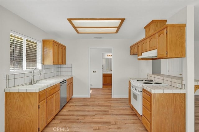 4729 Lookout Mountain Rd, Mariposa, CA 95338 - kitchen with under cabinet range hood, electric stove, stainless steel dishwasher, light wood finished floors, and decorative backsplash