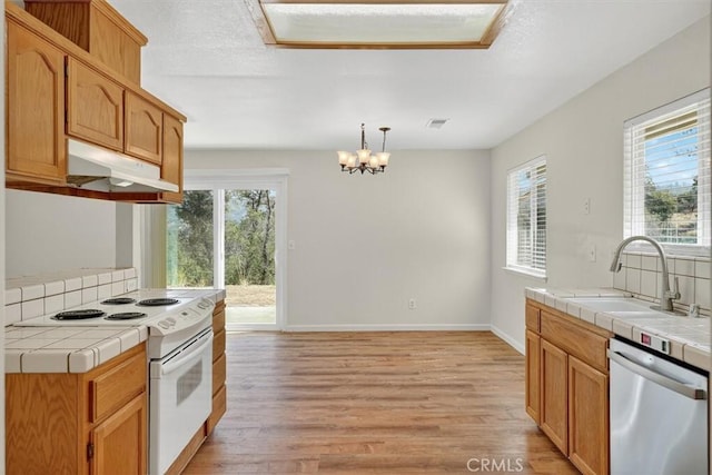 4729 Lookout Mountain Rd, Mariposa, CA 95338 - kitchen featuring stainless steel dishwasher, white electric stove, under cabinet range hood, tile counters, and light wood finished floors