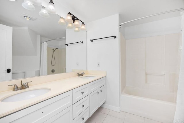11375 Affinity Ct Unit 206, San Diego, CA 92131 - full bath featuring shower / bathtub combination with curtain, tile patterned floors, and double vanity