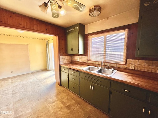 21560 Bald Hill Rd, Fort Bragg, CA 95437 - kitchen featuring wooden counters, tasteful backsplash, ceiling fan, and light flooring