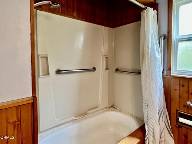 21560 Bald Hill Rd, Fort Bragg, CA 95437 - full bathroom featuring shower / bath combo, wainscoting, and wooden walls