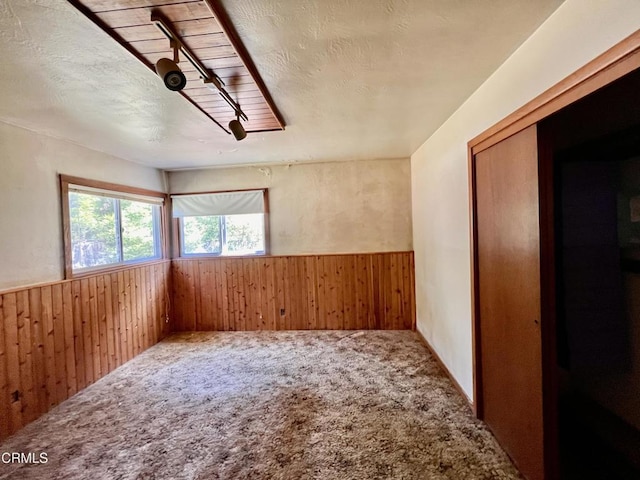 21560 Bald Hill Rd, Fort Bragg, CA 95437 - spare room with wood walls, a wainscoted wall, carpet flooring, and a textured ceiling