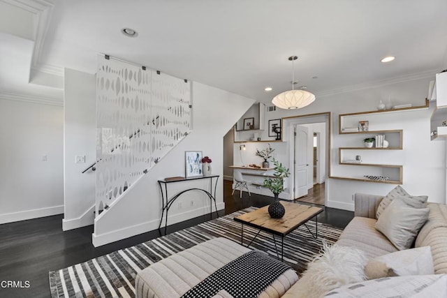 453 Frontenac Ave, Los Angeles, CA 90065 - living room featuring dark wood-style floors, recessed lighting, and ornamental molding