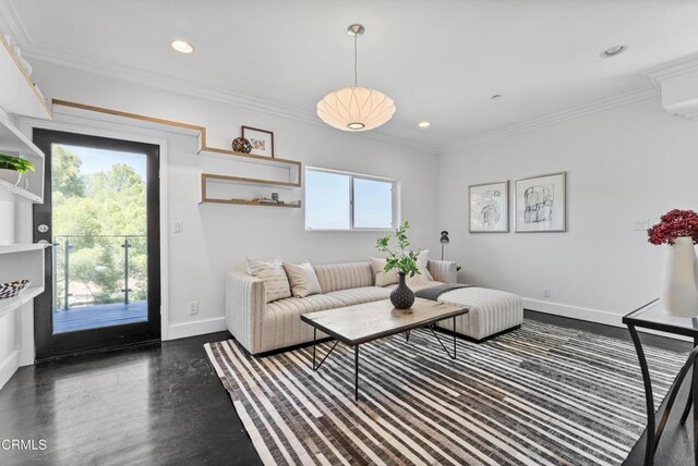 453 Frontenac Ave, Los Angeles, CA 90065 - living area with ornamental molding, recessed lighting, and dark wood finished floors