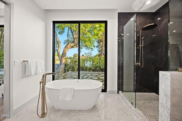4828 Oakwood Ave, La Canada Flintridge, CA 91011 - bathroom with marble tiled flooring, a freestanding bath, and a marble finish shower