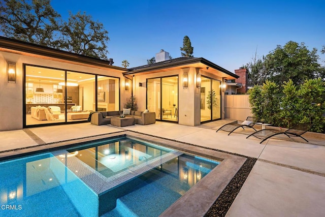 4828 Oakwood Ave, La Canada Flintridge, CA 91011 - back of property with a patio area, a pool with connected hot tub, an outdoor living space, and a chimney