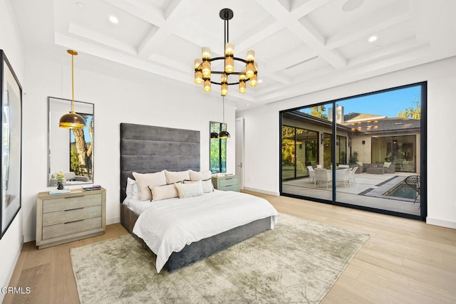 4828 Oakwood Ave, La Canada Flintridge, CA 91011 - bedroom featuring a chandelier, access to outside, wood finished floors, beamed ceiling, and recessed lighting