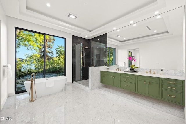 4828 Oakwood Ave, La Canada Flintridge, CA 91011 - full bath with a raised ceiling, a shower stall, double vanity, a freestanding tub, and marble tiled flooring