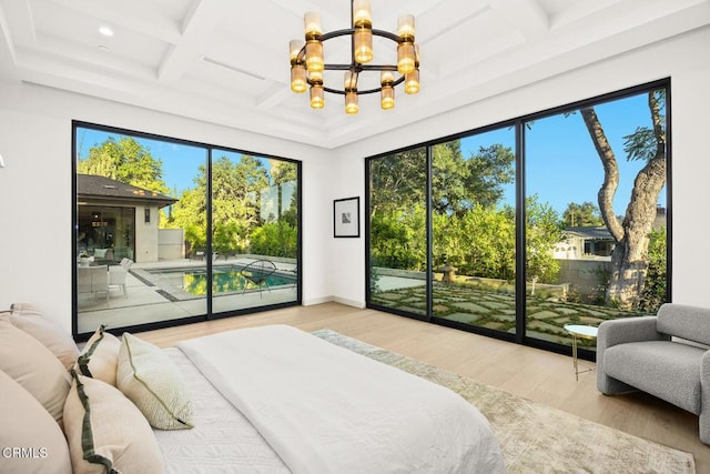 4828 Oakwood Ave, La Canada Flintridge, CA 91011 - bedroom with a chandelier, access to outside, coffered ceiling, wood finished floors, and beamed ceiling