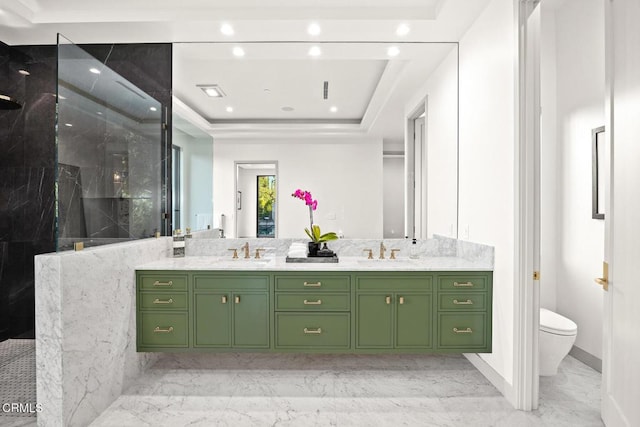 4828 Oakwood Ave, La Canada Flintridge, CA 91011 - full bath featuring double vanity, a marble finish shower, marble look tile flooring, and a raised ceiling