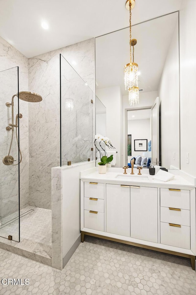 4828 Oakwood Ave, La Canada Flintridge, CA 91011 - full bath featuring a marble finish shower, vanity, a chandelier, and connected bathroom