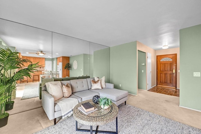 1235 Via Rancho Pkwy, Escondido, CA 92029 - living room featuring light colored carpet and a ceiling fan