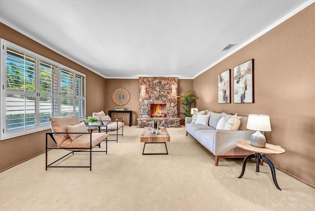 1235 Via Rancho Pkwy, Escondido, CA 92029 - carpeted living room featuring a stone fireplace and ornamental molding