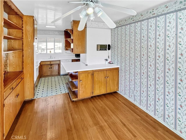 11753 Kling St, Valley Village, CA 91607 - kitchen with open shelves, wallpapered walls, dishwasher, ceiling fan, and light wood-style floors