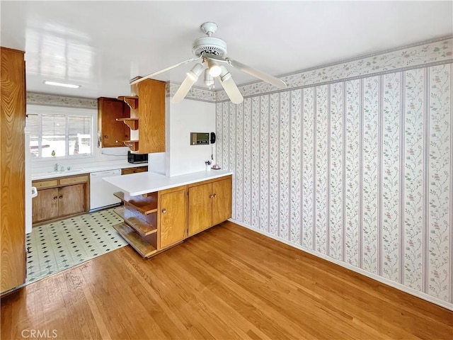 11753 Kling St, Valley Village, CA 91607 - kitchen featuring open shelves, dishwasher, wallpapered walls, light wood finished floors, and a ceiling fan
