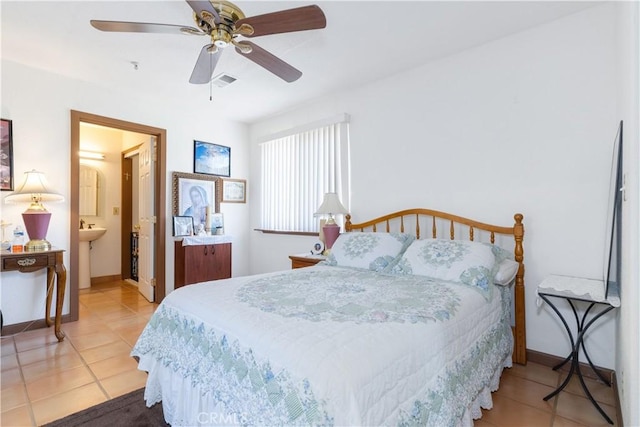 65380 San Lucas Rd, Lockwood, CA 93932 - bedroom featuring light tile patterned floors, ceiling fan, and connected bathroom