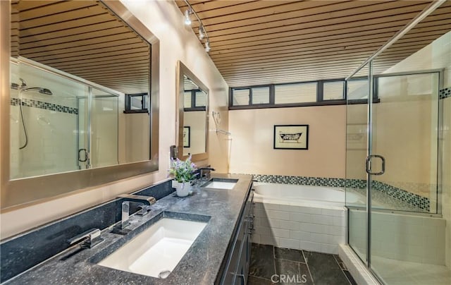 1653 W Cypress Ave, Redlands, CA 92373 - bathroom featuring a bath, double vanity, a shower stall, wooden ceiling, and tile patterned floors