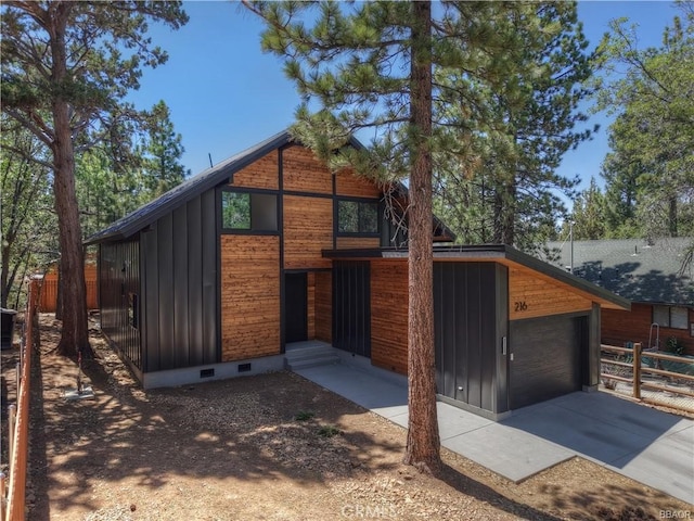 216 Leonard Ln, Big Bear, CA 92386 - modern home featuring crawl space, a garage, and board and batten siding